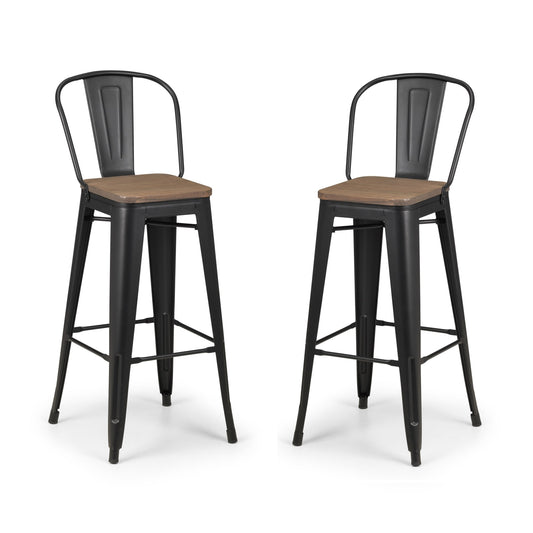 Two black metal bar stools with wooden seats on a white background