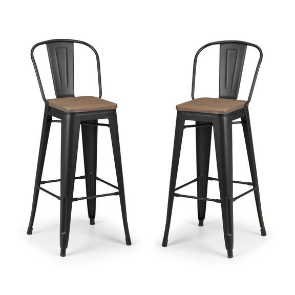 Two black metal bar stools with wooden seats on a white background