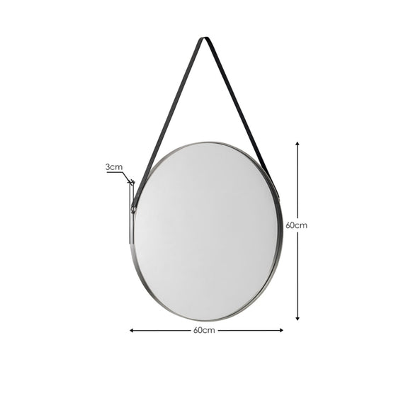 Round mirror with black strap and dimensions on a white background