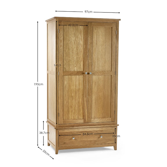 Wooden wardrobe with dimensions labeled on a white background