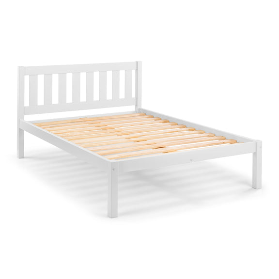 White wooden bed frame with slatted design on a white background