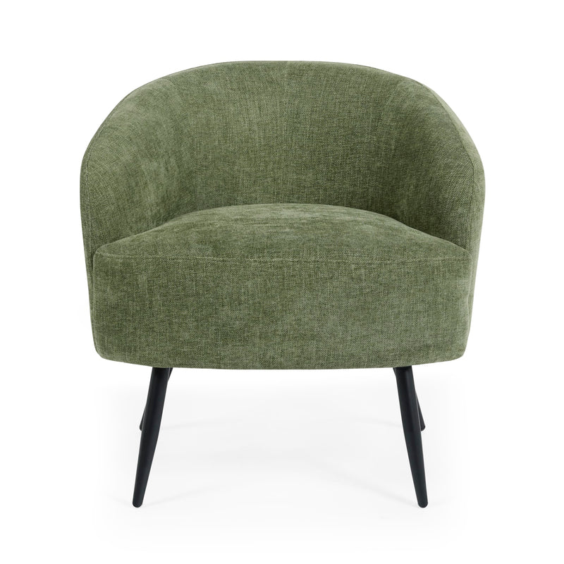 Green armchair with black legs on a white background