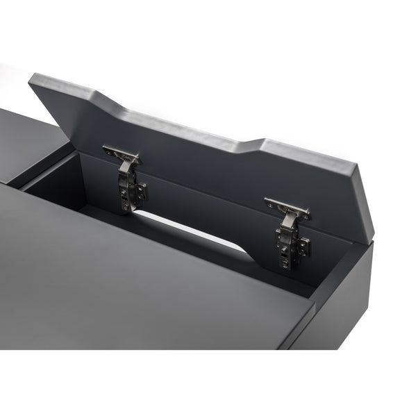 Metal toolbox with open lid on a white background