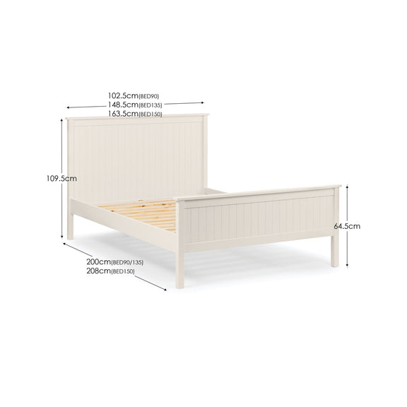 Wooden bed with dimensions labeled on a white background