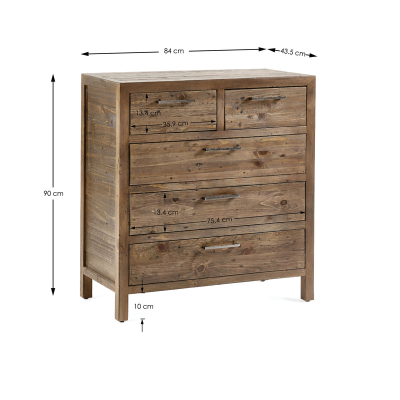 Wooden dresser with dimensions labeled on a white background