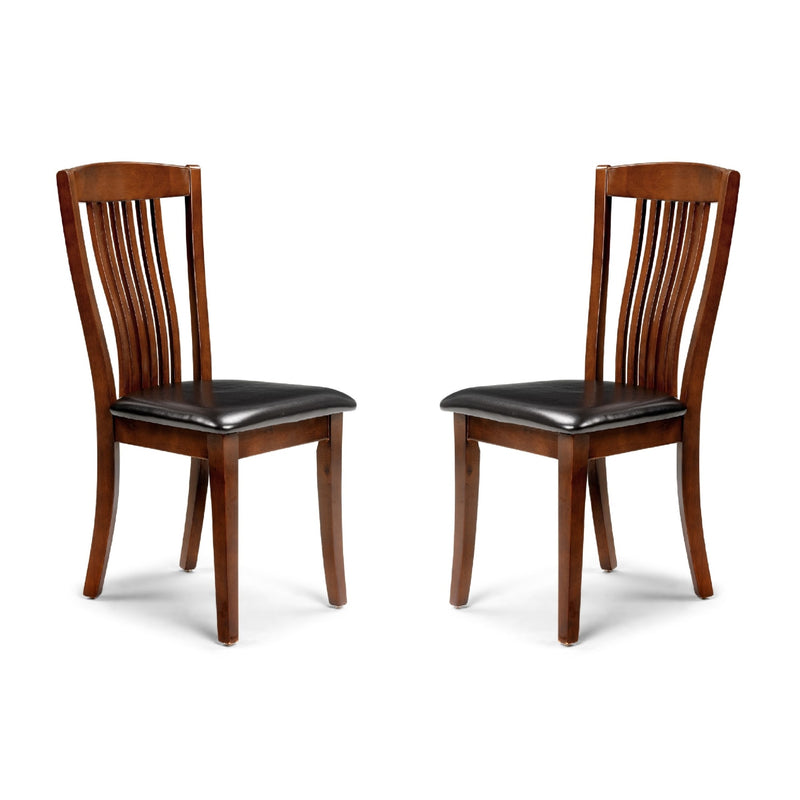 Two wooden chairs with black leather seats on a white background