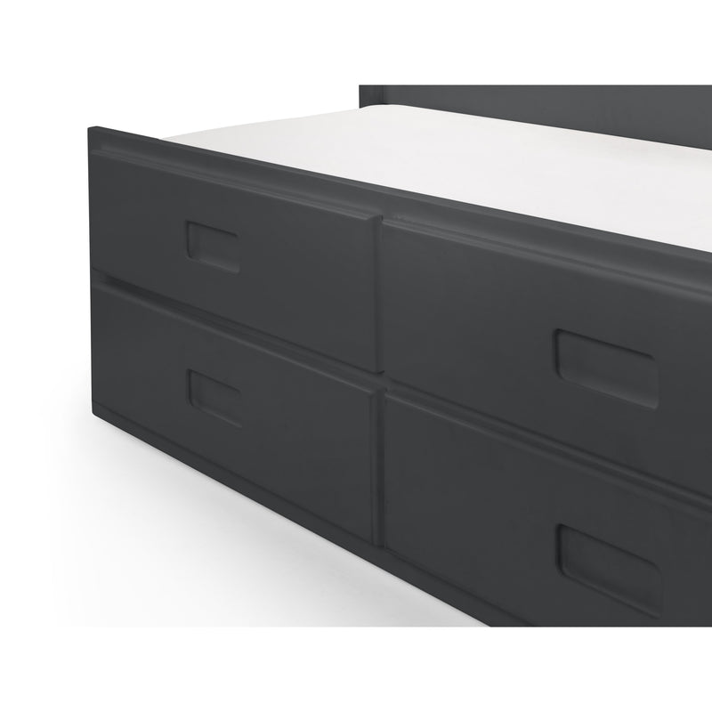 Black storage bed frame with white mattress on a white background