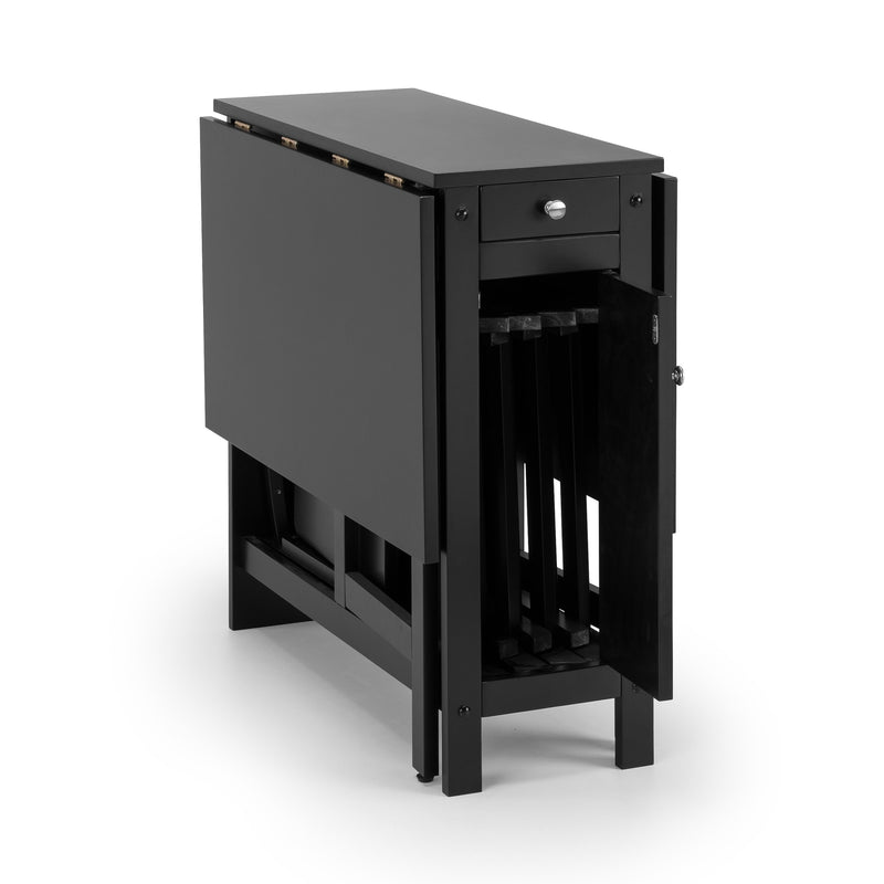 Black wine cabinet with open door on a white background