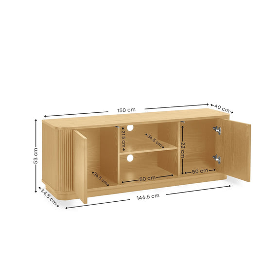 Wooden TV stand with dimensions on a white background