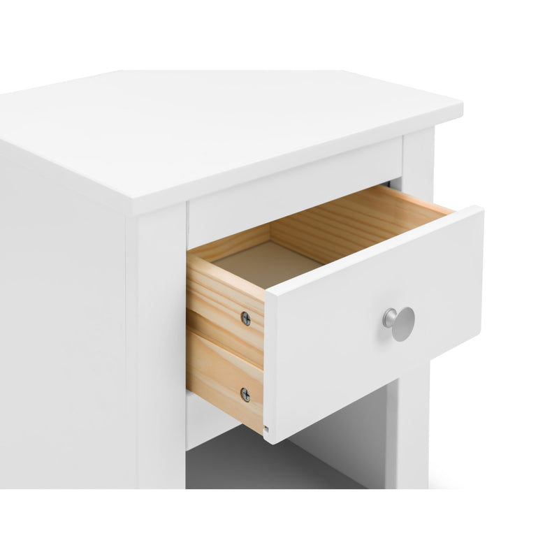 White desk with a wooden drawer open on a white background