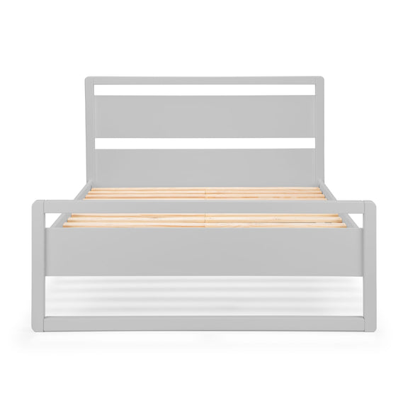 Gray metal bed frame with wooden slats on a white background