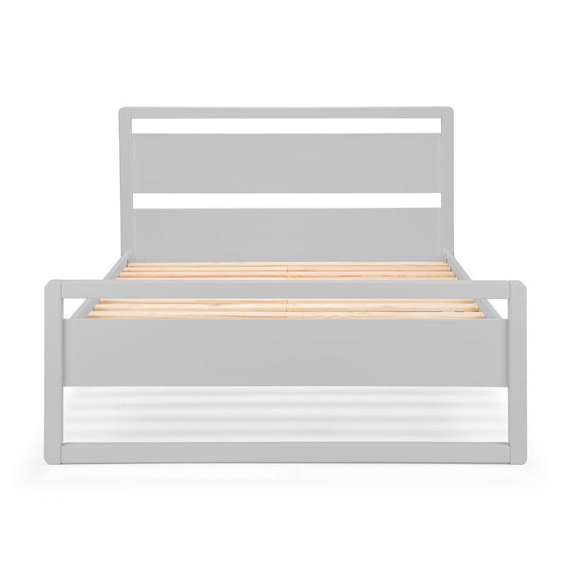 Gray metal bed frame with wooden slats on a white background