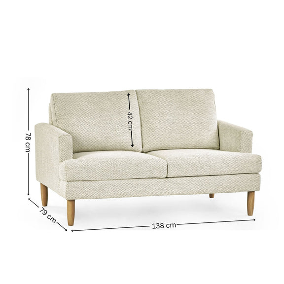 Beige sofa with dimensions marked on a white background