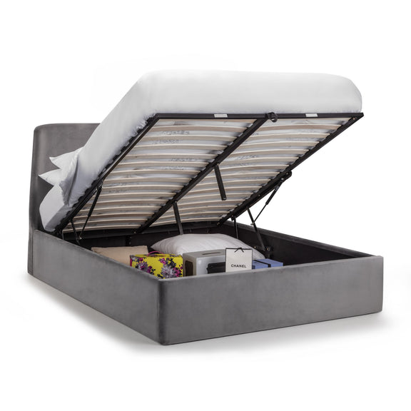 Gray upholstered bed with open headboard revealing storage space on a white background