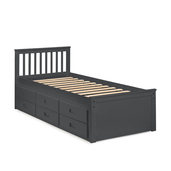 Black wooden bed with drawers on a white background