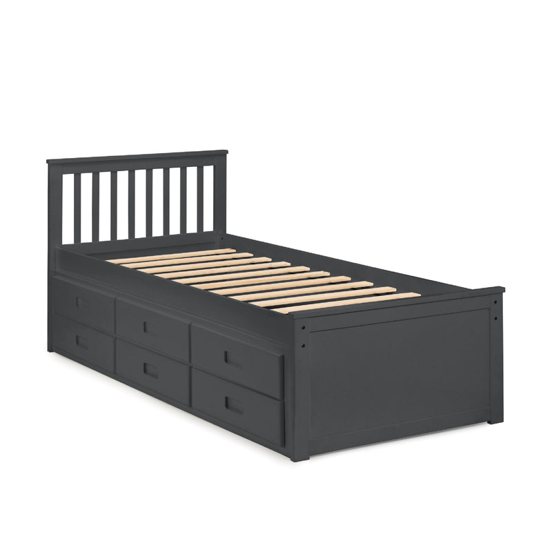 Black wooden bed with drawers on a white background