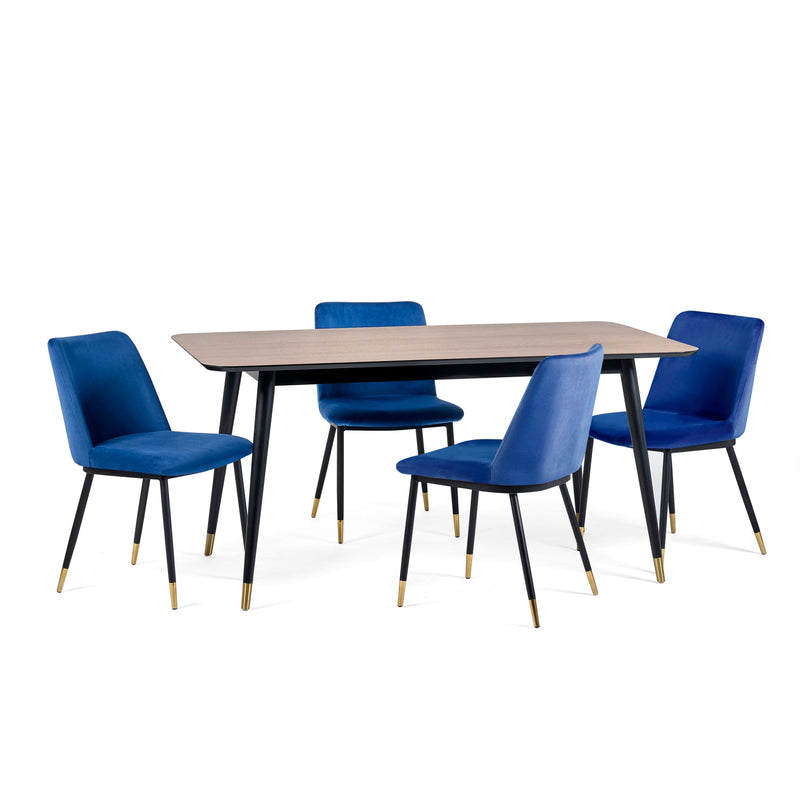 Dining table set with four blue chairs on a white background