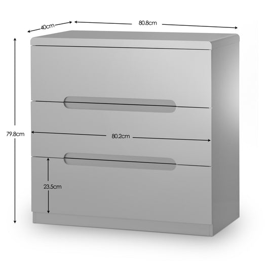 Gray dresser with dimensions labeled on a white background