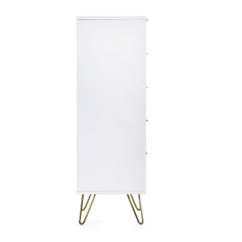 White vertical banner stand with gold metal legs on a white background