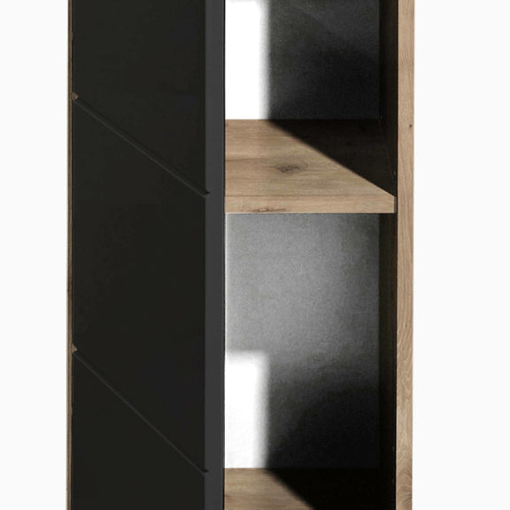 Black and wood bookshelf with a white background