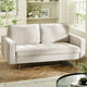 Gray sofa in a living room setting with a wooden floor and decorative elements.