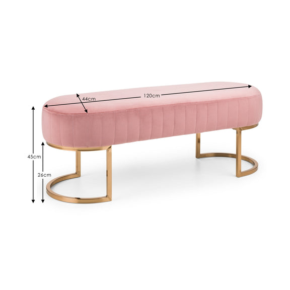 Pink bench with gold legs and dimensions on a white background