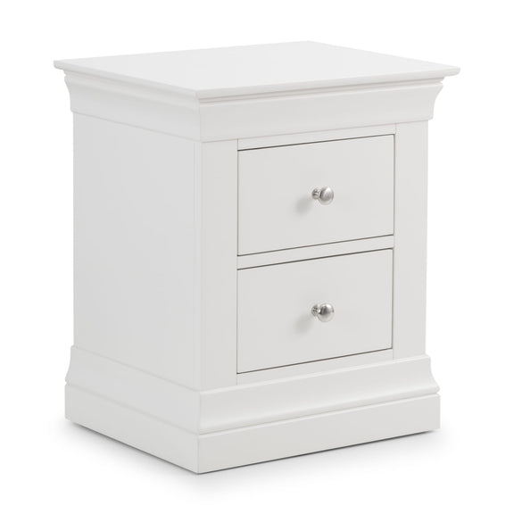 White nightstand with two drawers on a white background