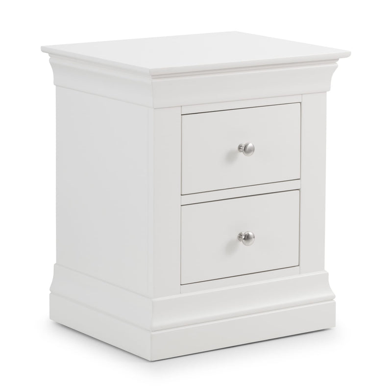White nightstand with two drawers on a white background
