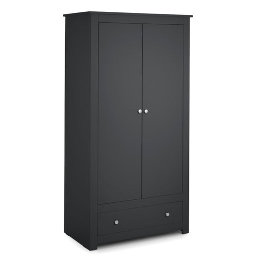 Black wardrobe with two doors and a drawer on a white background