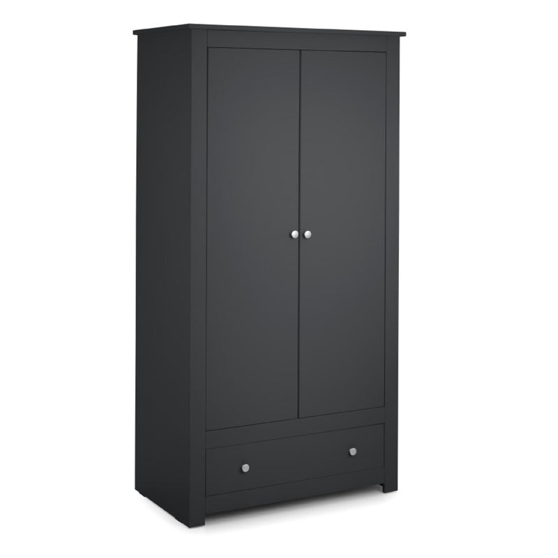 Black wardrobe with two doors and a drawer on a white background