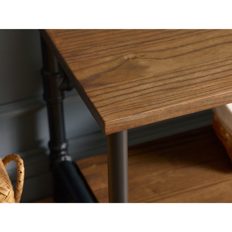 Wooden desk with metal legs on a blurred background