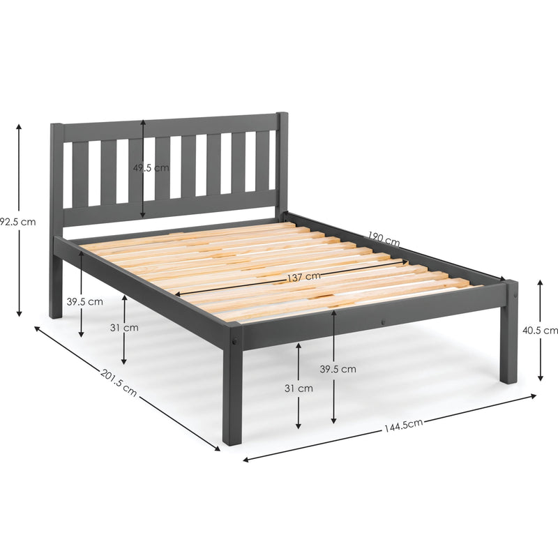Gray wooden bed frame with dimensions marked on a white background
