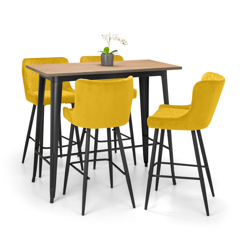 Set of yellow bar stools around a wooden table on a white background