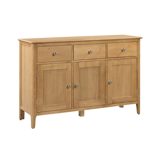 Wooden sideboard with three doors and three drawers on a white background