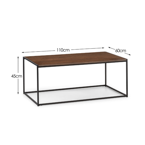Coffee table with dimensions labeled on a white background