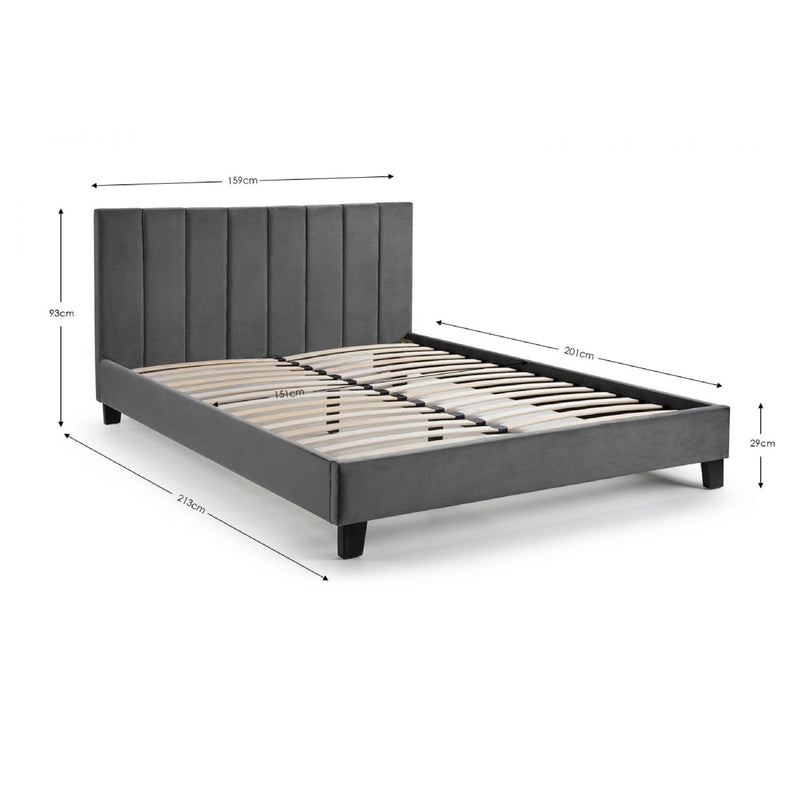 Gray upholstered bed with dimensions on a white background