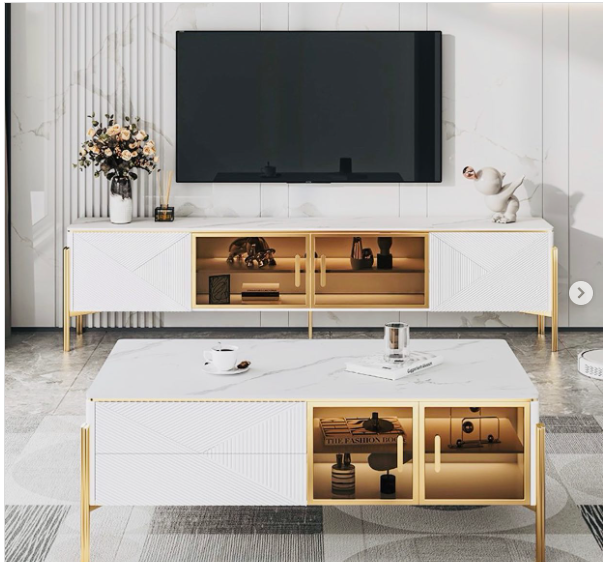 Custom Made Luxury White & Gold Coffee Table with Marble Top and Glass Storage