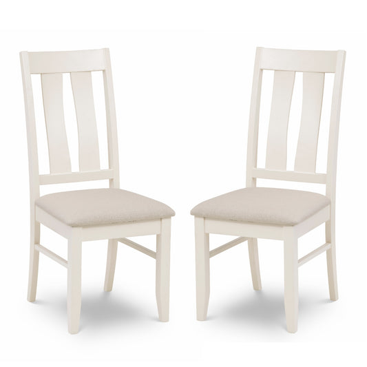 Two white chairs with beige seats on a white background