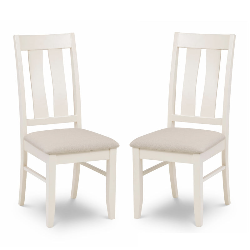 Two white chairs with beige seats on a white background