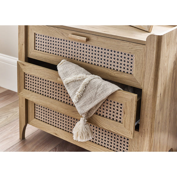 Oak effect 3 drawer chest with drawer open storing clothing and accessories