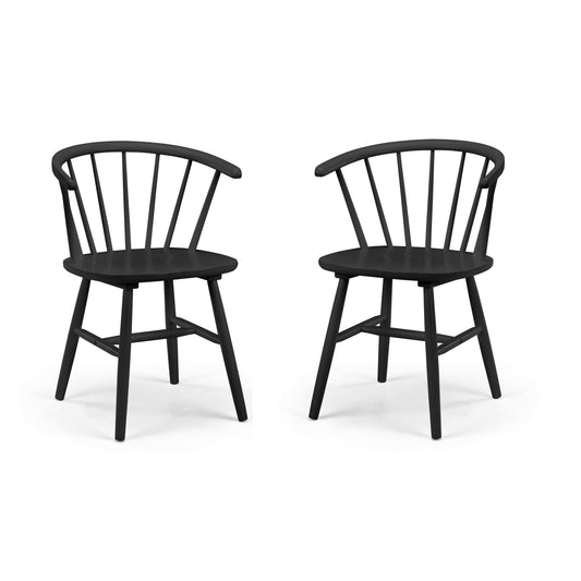 Two black bar stools with spindle backrests on a white background