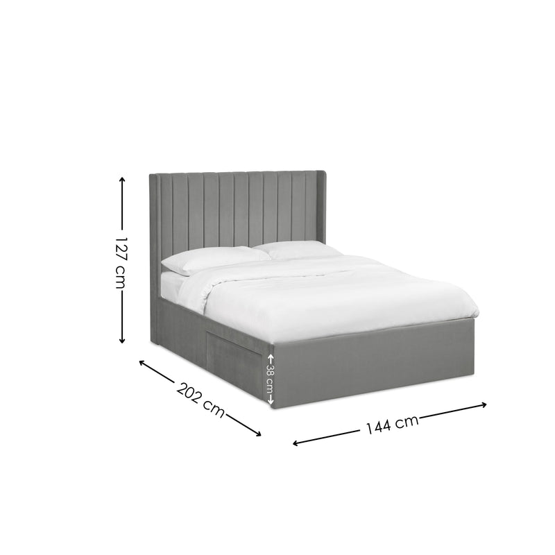 Gray bed frame with white mattress and dimensions labeled on a white background