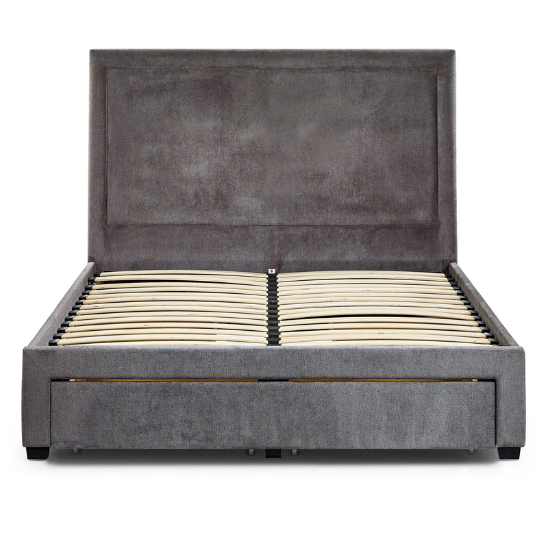 Gray upholstered bed with wooden slats on a white background