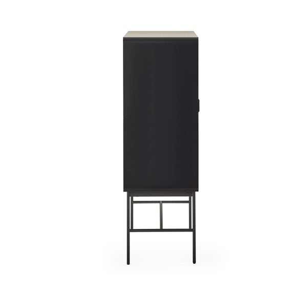 Black cabinet with a white top on a white background