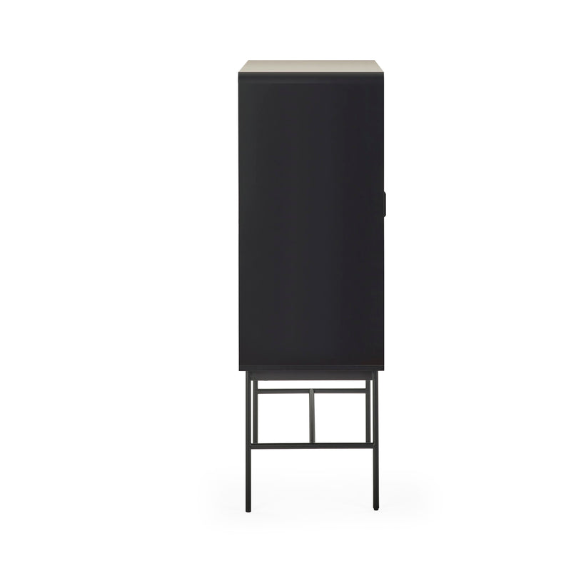 Black cabinet with a white top on a white background