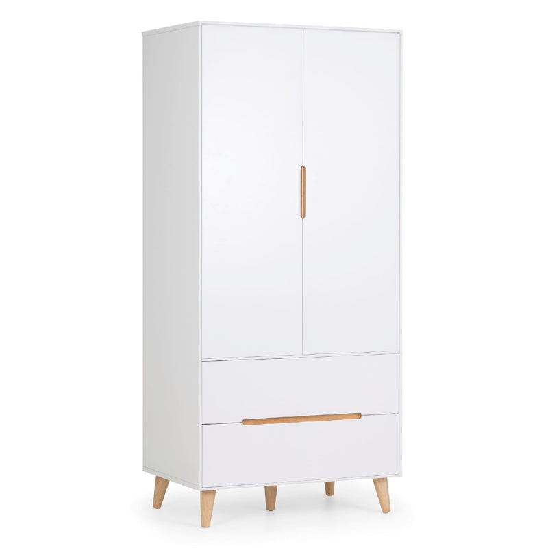 White wardrobe with wooden accents on a white background