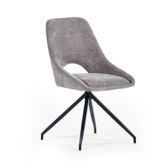 Gray upholstered chair with black metal legs on a white background
