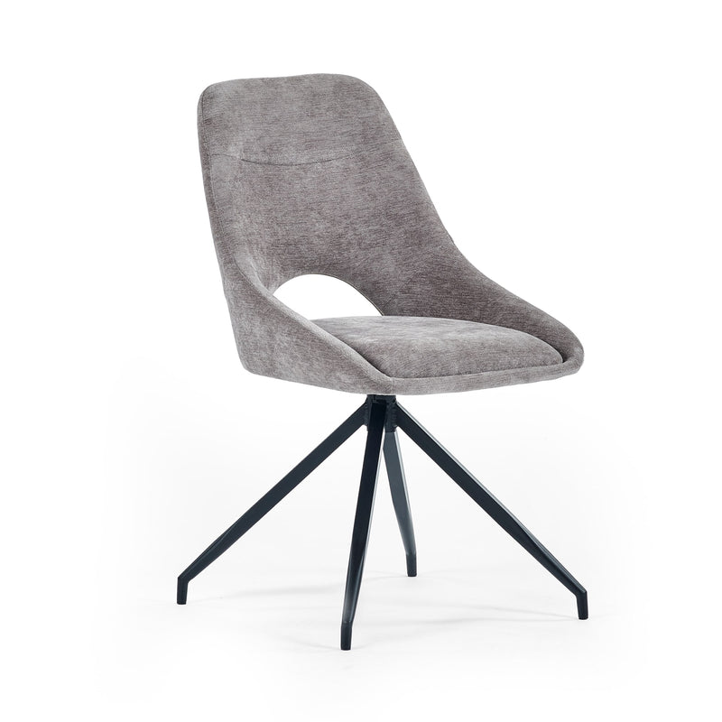 Gray upholstered chair with black metal legs on a white background