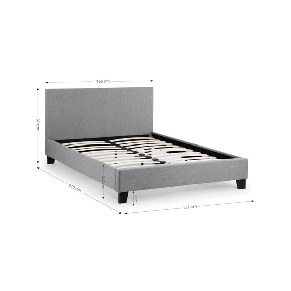 Gray upholstered bed with dimensions labeled on a white background