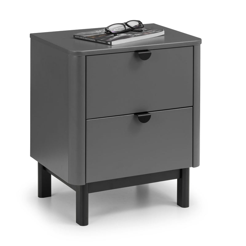 Gray nightstand with a single drawer on a white background